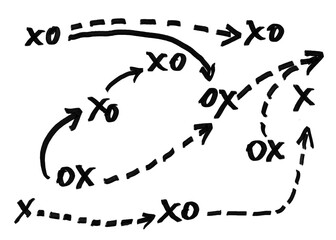 Hand drawn chalkboard strategy sport game diagram with arrows showing tactic plan for coaching and training football basketball and handball sketch board educational template