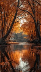 Obraz premium Golden autumn trees arch over a serene river, sunlight glowing on orange foliage, mirrored reflection doubles scene, ultra-realistic UHD photo with peaceful enchanting atmosphere.