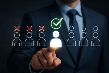Choosing the right candidate for the job, recruitment process, human resources management, personnel selection, hiring new employees, successful team building, and performance evaluation icon