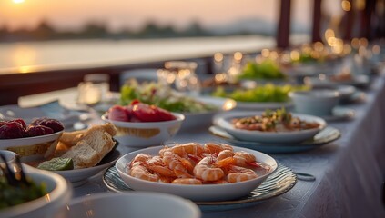 Evening Cruise Ship Dining with Prawns, Shrimp, Salads, Fruits and Bread, Luxury Yacht Table Service Overlooking River Sunset Ambiance