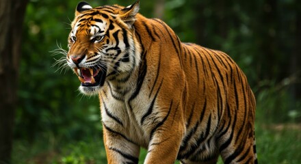 Majestic bengal tiger prowls, fierce expression showcasing the beauty of wildlife