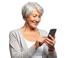 Three-Quarter Angle of Senior Woman Interacting with Smartphone, Isolated Transparent Background PNG