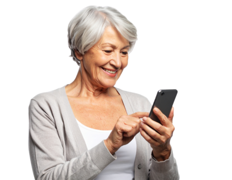 Three-Quarter Angle of Senior Woman Interacting with Smartphone, Isolated Transparent Background PNG