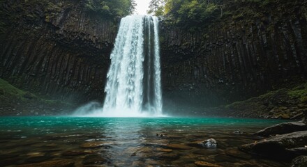 Majestic waterfall cascading into a serene pool surrounded by lush greenery and basalt columns