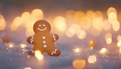 A single gingerbread man cookie is decorated with icing and sits on a glittery surface with blurred golden lights.
