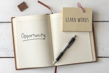 Open Notebook with Opportunity written on it and Learn Words