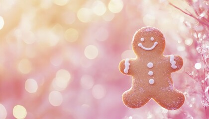 A single gingerbread man cookie with icing details is shown against a blurred background of pink and white bokeh lights and frosted branches.