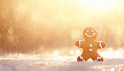 A single gingerbread man cookie stands on a snowy surface, illuminated by a bright, warm sunset, with a blurred background and falling snow.