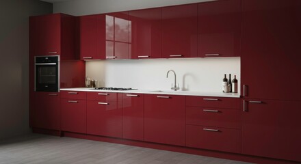 Modern kitchen design with brown cabinets and sleek white countertop providing a contemporary