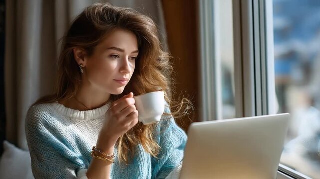 Serene Reflection: A contemplative young woman with cascading auburn hair sips from a pristine coffee cup while deeply engaged with her laptop. The window's soft light frames the scene.