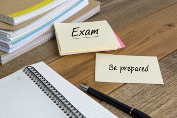 Preparing for an Exam with Notes and a Pen on a Wooden Desk
