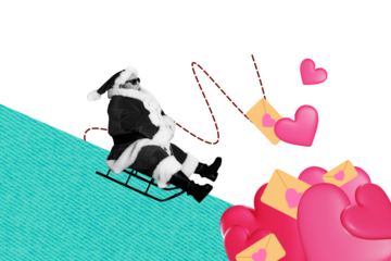 Creative collage santa claus winter holiday sleds rider downhill joy valentine february celebration postcard envelop love affection