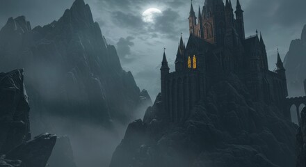 Mystical castle perched atop rugged mountains illuminated by a bright full moon