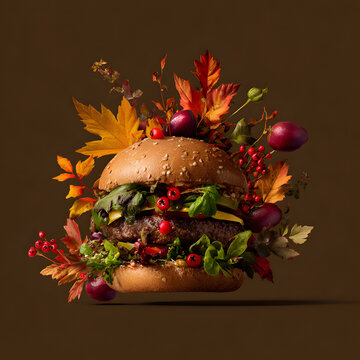An imaginative burger filled with colorful autumn foliage and leaves and red berries, substituting traditional ingredients on brown background. Food concept.