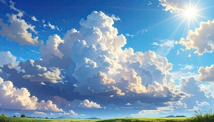 Fototapeta premium Bright Sunny Day with Fluffy White Clouds in Blue Sky Over Green Field in Summer Peaceful Nature Scenery