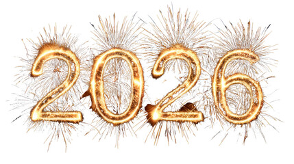 2026 Sparkler Numbers with Fireworks on Transparent Background