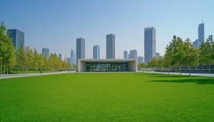 Obraz premium A contemporary city park features a manicured lawn, a modern pavilion, and a backdrop of tall skyscrapers under a clear sky.