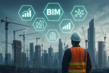 Construction manager in hard hat observing a city skyline with cranes, overlaid with a digital interface featuring BIM (building information modeling) text and hexagonal icons for construction