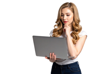 Three-Quarter Angle of Young Girl Using Laptop, Pensive Expression, isolated transparent background PNG