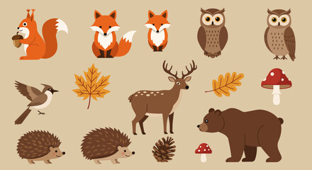 Obraz premium Assorted woodland creatures foliage and fungi illustrations on a beige background