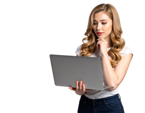 Three-Quarter Angle of Young Girl Using Laptop, Pensive Expression, isolated transparent background PNG