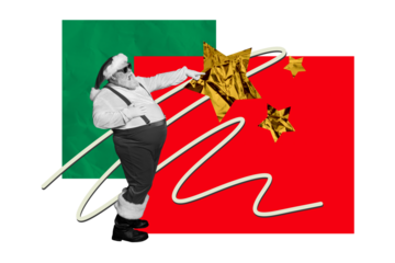 Composite photo collage of happy overweight old santa claus man point shiny stars new year decor holiday isolated on painted background