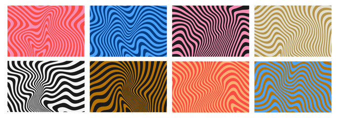 Retro abstract colorful op art wavy line background set, optical illusion design	