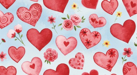 Romantic watercolor heart and flowers seamless pattern background design for love and valentine's