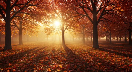 Serene autumn landscape with golden sunlight streaming through trees creates magical atmosphere