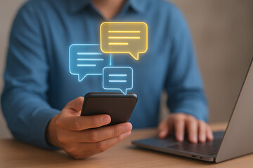 Chat and communication concept represented by glowing speech bubbles over a smartphone, symbolizing digital dialogue, social media, and instant messaging