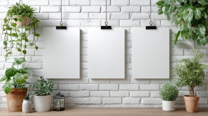 Three blank white posters hanging on a white brick wall surrounded by various green plants
