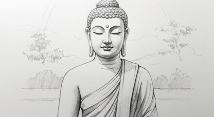 Serene buddha sketch in grayscale with nature background showcasing inner peace