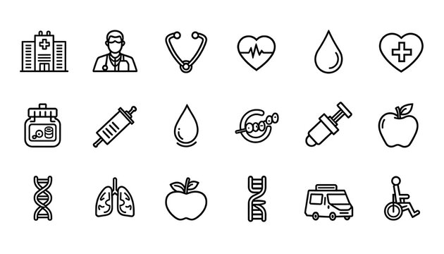 Healthcare Medical Line Icons Set Health Hospital Doctor Syringe Apple DNA Ambulance Stethoscope