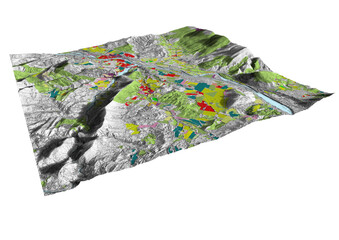 Concept de fond géographique - Données lidar HD - Vue aérienne de la topographie et occupation du sol d'un territoire - Rendu 3d modèle numérique de terrain et nuage de points Lidar HD