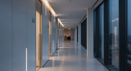 Minimalist Long Hallway Corridor with Modern Lighting and Window View