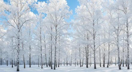 Serene Winter Wonderland: A Forest of Birch Trees Draped in Fresh, Pristine Snow