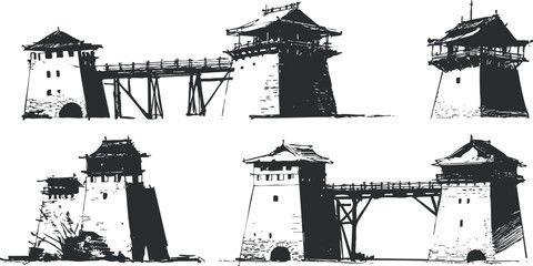 Fototapeta premium Collection of hand-drawn fortress and castle tower illustrations showcasing architectural details and design..