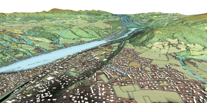 Concept de fond g&eacute;ographique - Donn&eacute;es lidar HD - Vue a&eacute;rienne de la topographie et occupation du sol d'un territoire - Rendu 3d mod&egrave;le num&eacute;rique de terrain et nuage de points Lidar HD