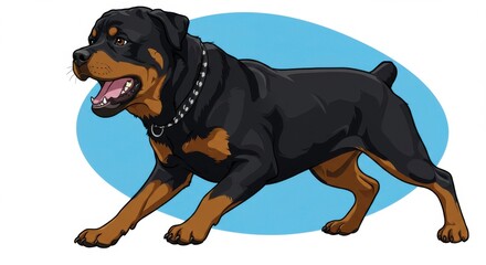 Stylized Rottweiler Illustration with Blue Background and Black and Brown Coloring