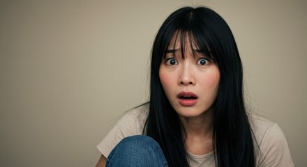 The startled expression of a young Asian woman displaying fear and surprise clearly visible