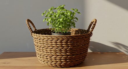 A basil plant in a black pot sits inside a woven basket with rope handles, placed on a wooden surface.
