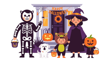 Halloween Costume Celebration: A family stands on a porch. everyone is dressed up in their Halloween costume and embraces the season's fun. 