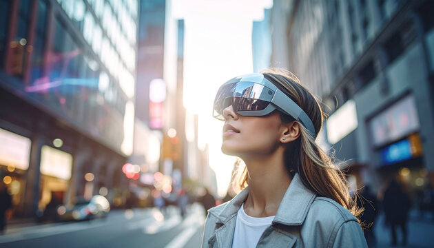Curious woman wearing augmented reality glasses explores future city street, amazed by digital technology innovation
