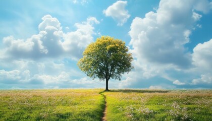 Fototapeta premium A single tree with yellow-green leaves is centrally positioned in a field of wildflowers, a path leading towards it under a mostly sunny sky with fluffy white clouds.