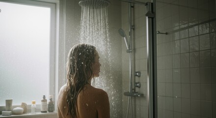 Woman taking a shower in a minimalist bathroom for personal hygiene routine