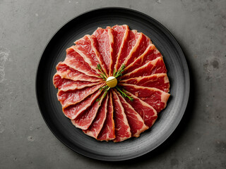 Thin raw beef slices arranged like a flower on black plate, overhead with butter knob and herbs, elegant shabu or grill prep.