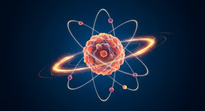 A stylized 3D rendering of an atom, featuring a central nucleus and orbiting electrons with glowing trails against a dark blue background.