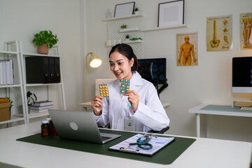 Female doctor explaining medicine during telehealth video consultation
