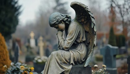 The stone angel statue has wings and is positioned in a graveyard with other grave markers visible in the background.