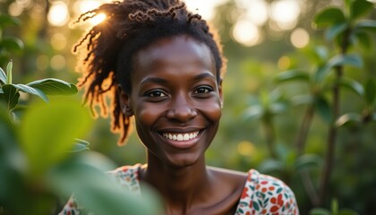 Smiling young African woman outdoors with a natural background
